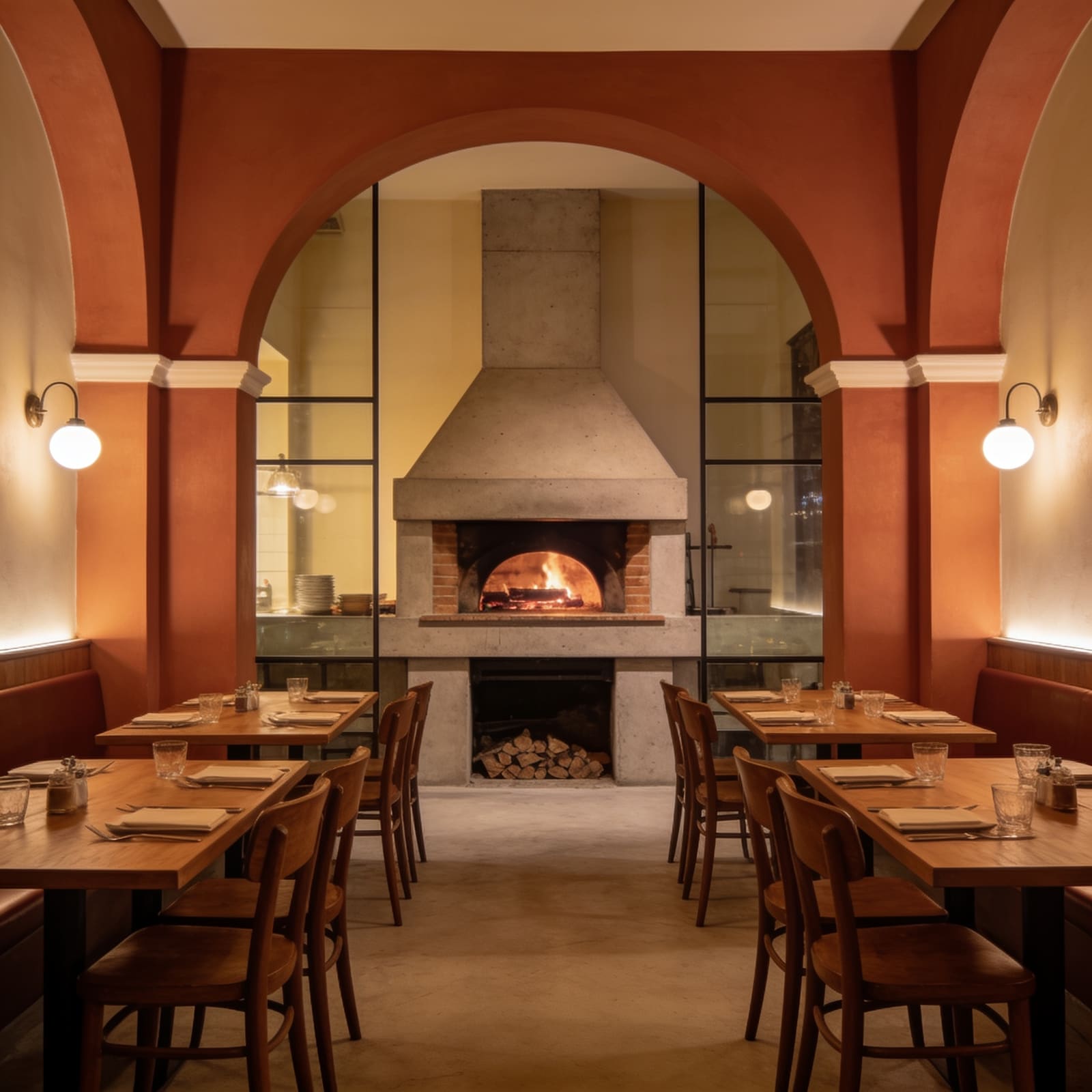 Sala del ristorante Jomiste con forno a legna