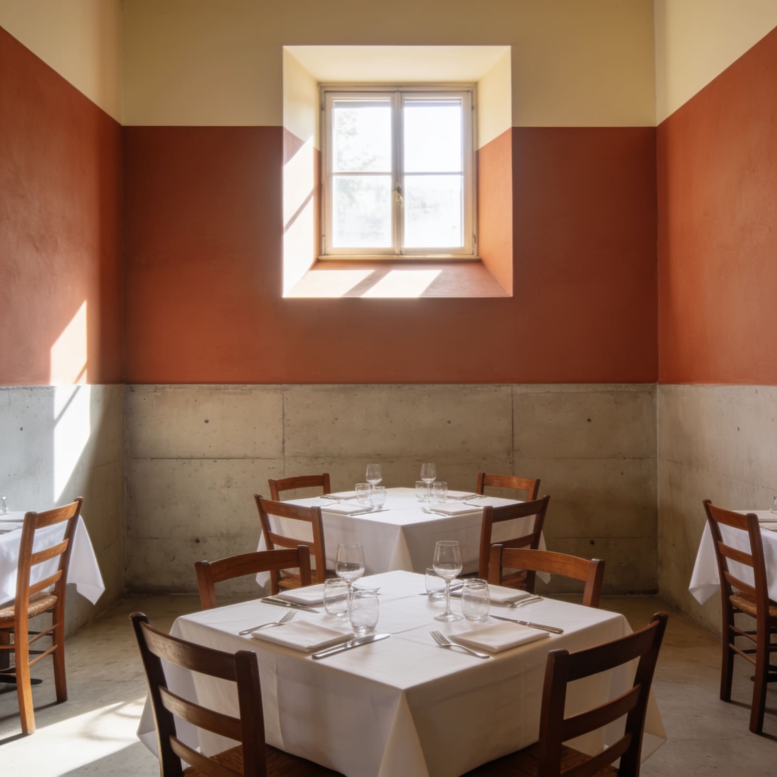 Sala interna con tavoli apparecchiati